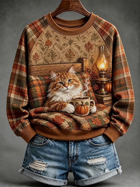 Women's Vintage Cozy Cat with Hot Drink Print Raglan Sleeve Sweatshirt