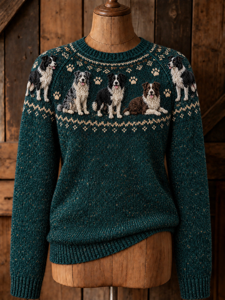 Women's Vintage Border Collies Yoke Isle Print Long-sleeved Sweater