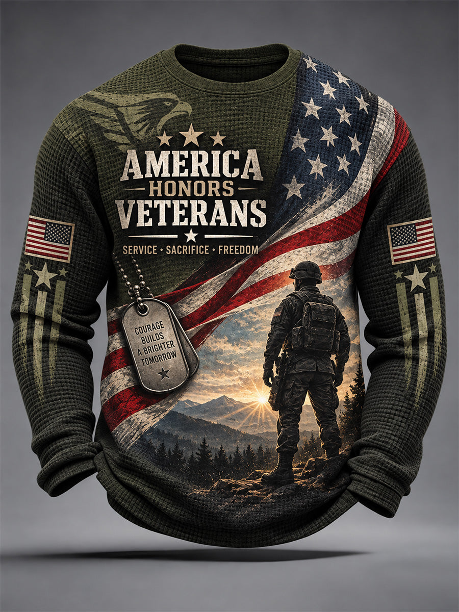 Men's  U.S. Veterans Day Print Casual Waffle Long Sleeve T-Shirt