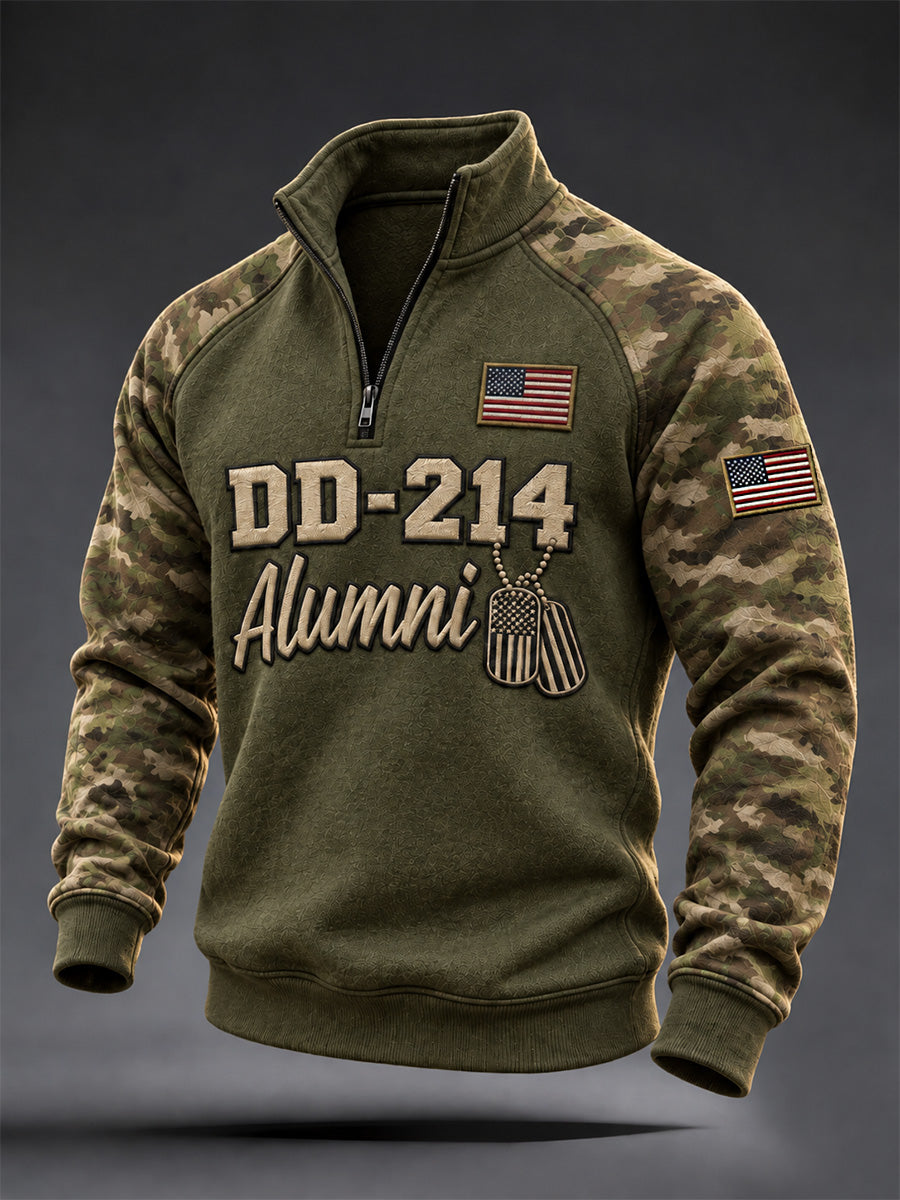 Men's Veterans Day DD-214 Alumni US Flag Camouflage Print Casual Zipper Pullover