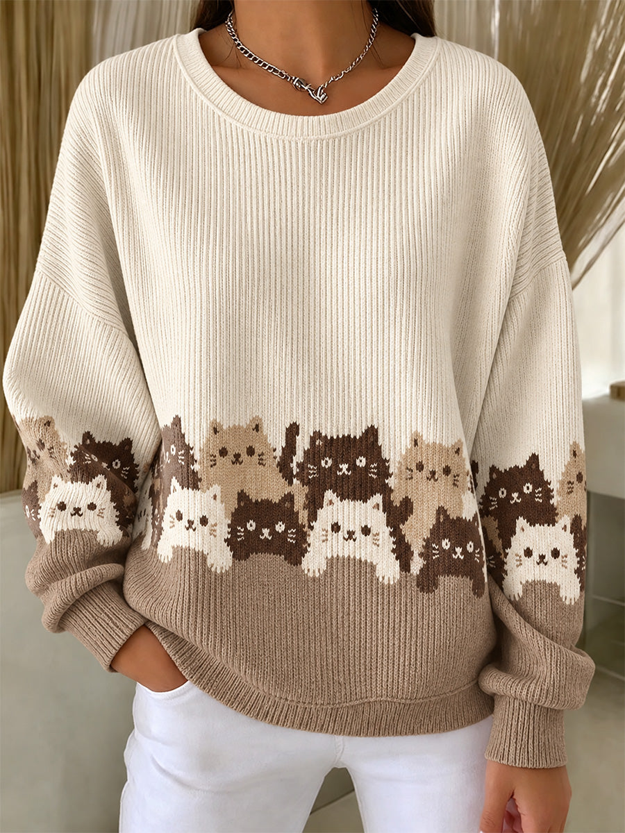 Women's Cute Cats In Autumn And Winter Print Ribbed Round-Neck Sweatshirt