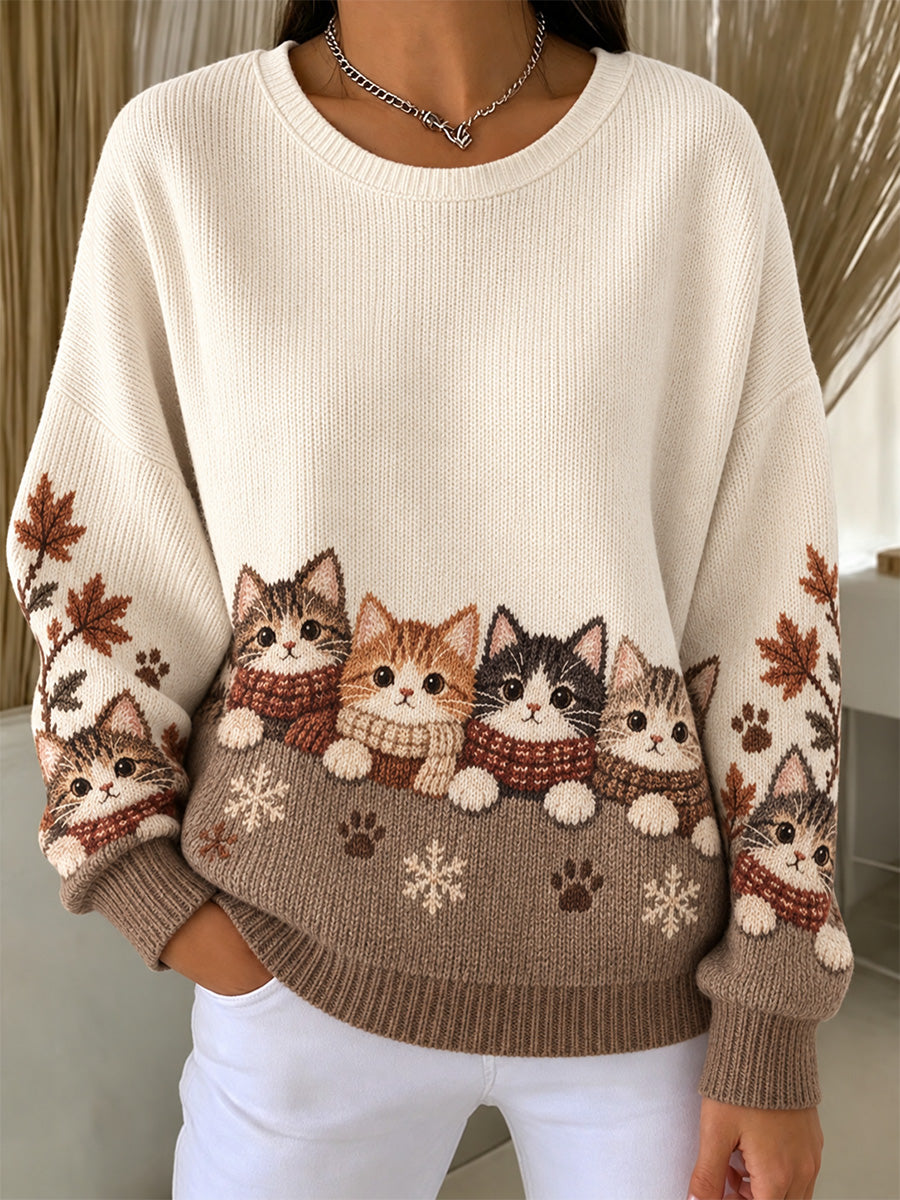 Women's Cute Cats In Autumn And Winter Print Ribbed Round-Neck Sweatshirt