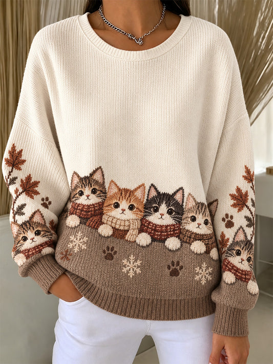 Women's Cute Cats In Autumn And Winter Print Ribbed Round-Neck Sweatshirt