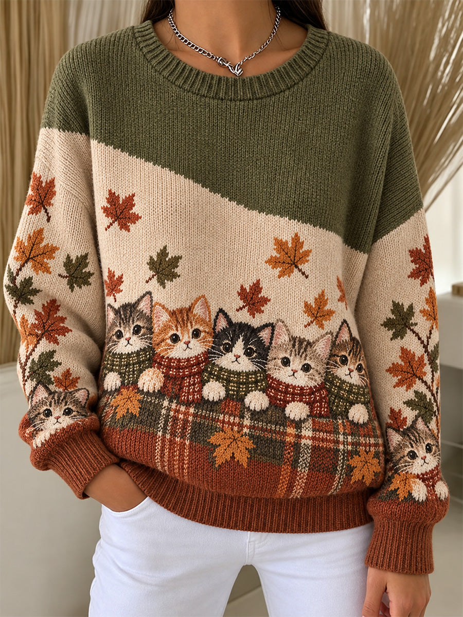 Women's Cute Cats In Autumn And Winter Print Ribbed Round-Neck Sweatshirt