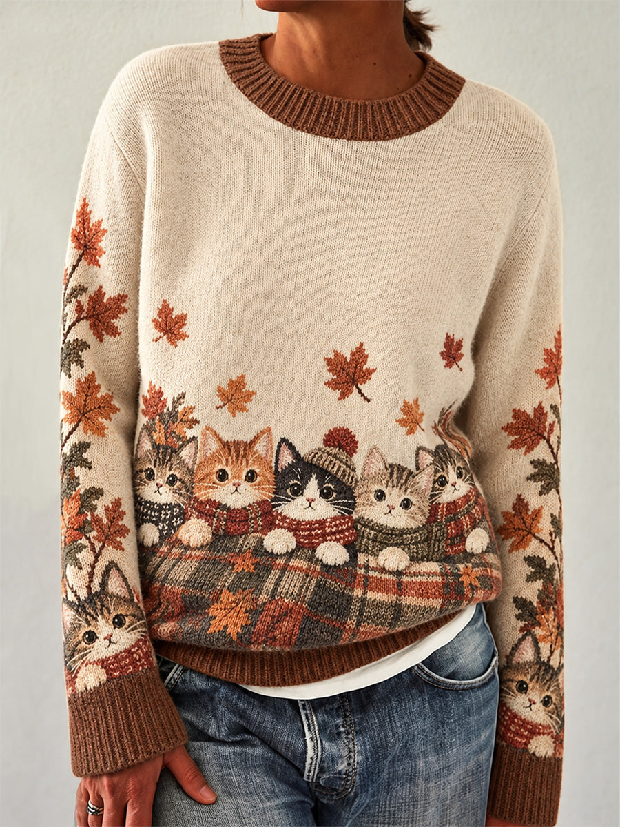 Women's Cute Cats In Autumn And Winter Print Long-sleeved Sweater
