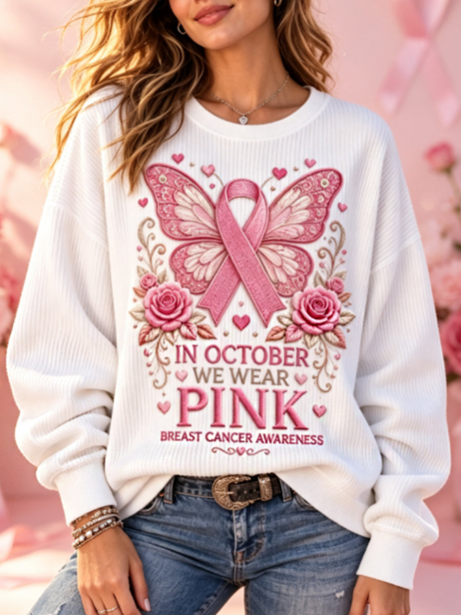 Women's Breast cancer awareness floral embroidery art Ribbed Round-Neck Sweatshirt
