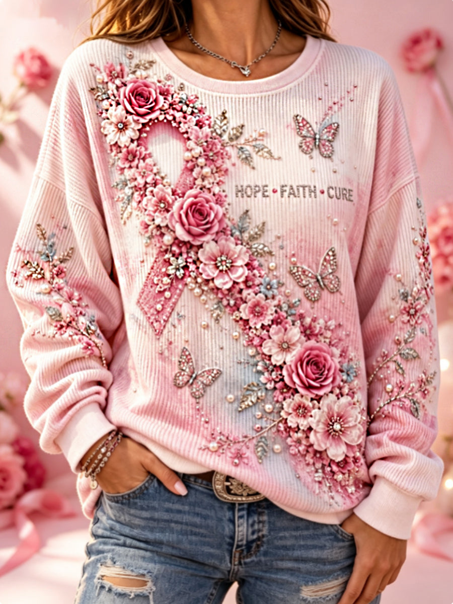 Women's Breast cancer awareness floral embroidery art Ribbed Round-Neck Sweatshirt
