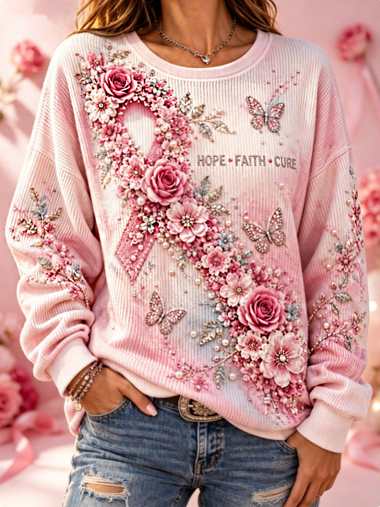 Women's Breast cancer awareness floral embroidery art Ribbed Round-Neck Sweatshirt