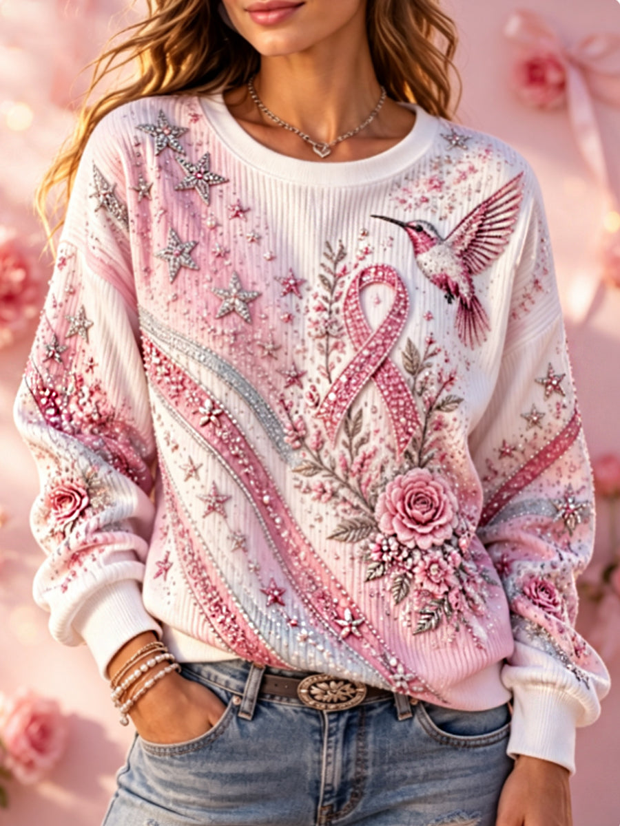 Women's Breast cancer awareness floral embroidery art Ribbed Round-Neck Sweatshirt