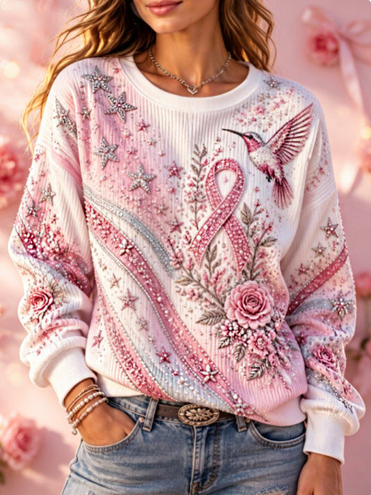 Women's Breast cancer awareness floral embroidery art Ribbed Round-Neck Sweatshirt