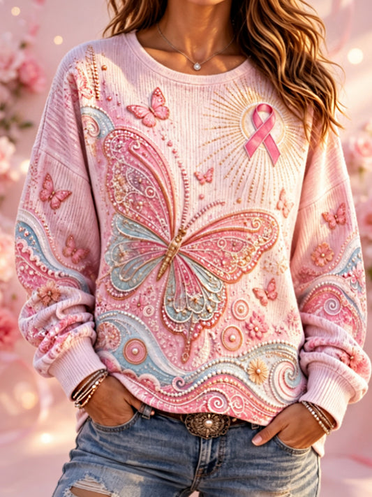 Women's Breast cancer awareness floral embroidery art Ribbed Round-Neck Sweatshirt