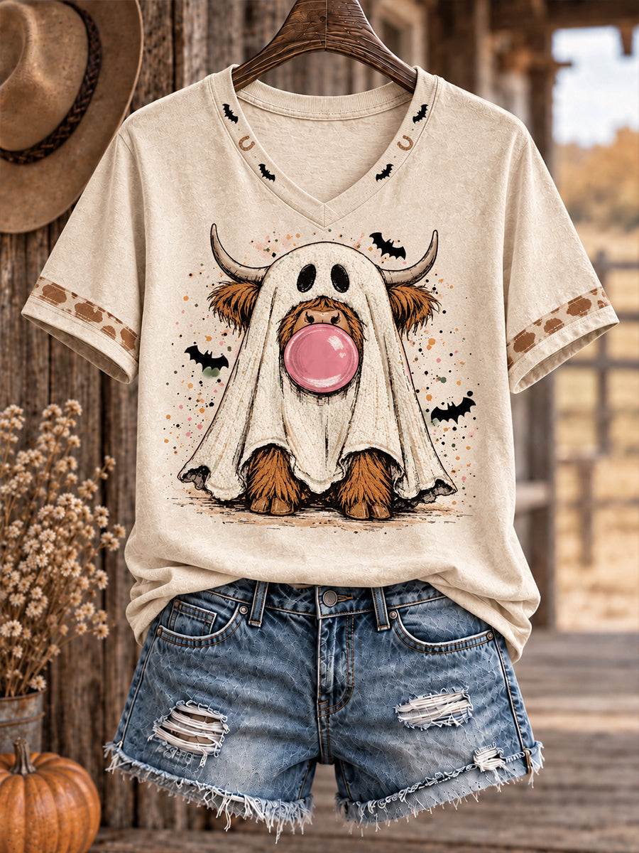 Women's Western Halloween Art Horses Cows Printed T-shirt