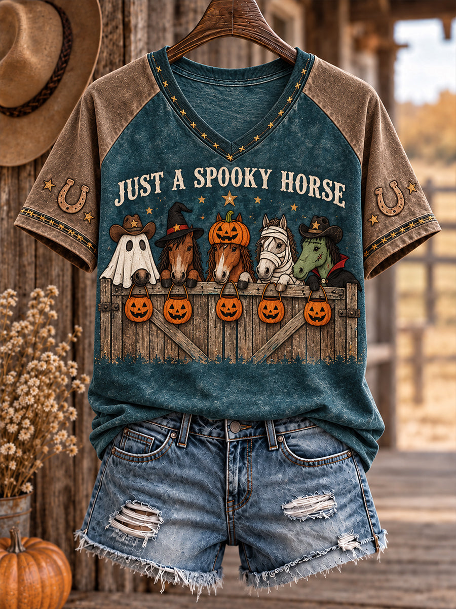 Women's Western Halloween Art Horses Cows Printed T-shirt