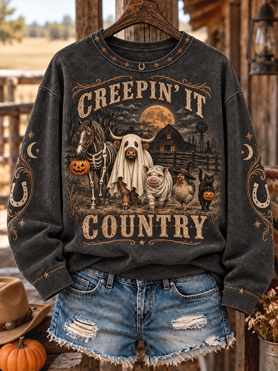 Women's Western Halloween Art Horses Cows Printed Sweatshirt