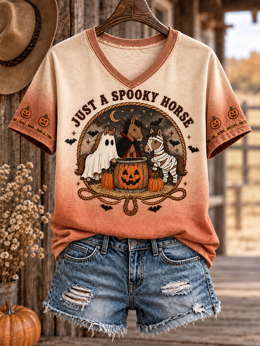 Women's Western Halloween Art Horses Cows Printed T-shirt