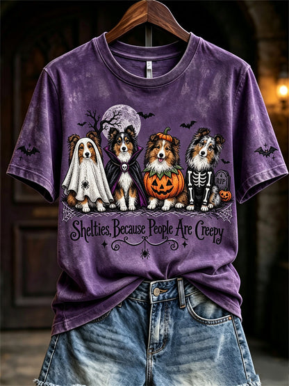 Women's Shelties Because People Are Creepy Halloween Dogs Print short-sleeved T-shirt